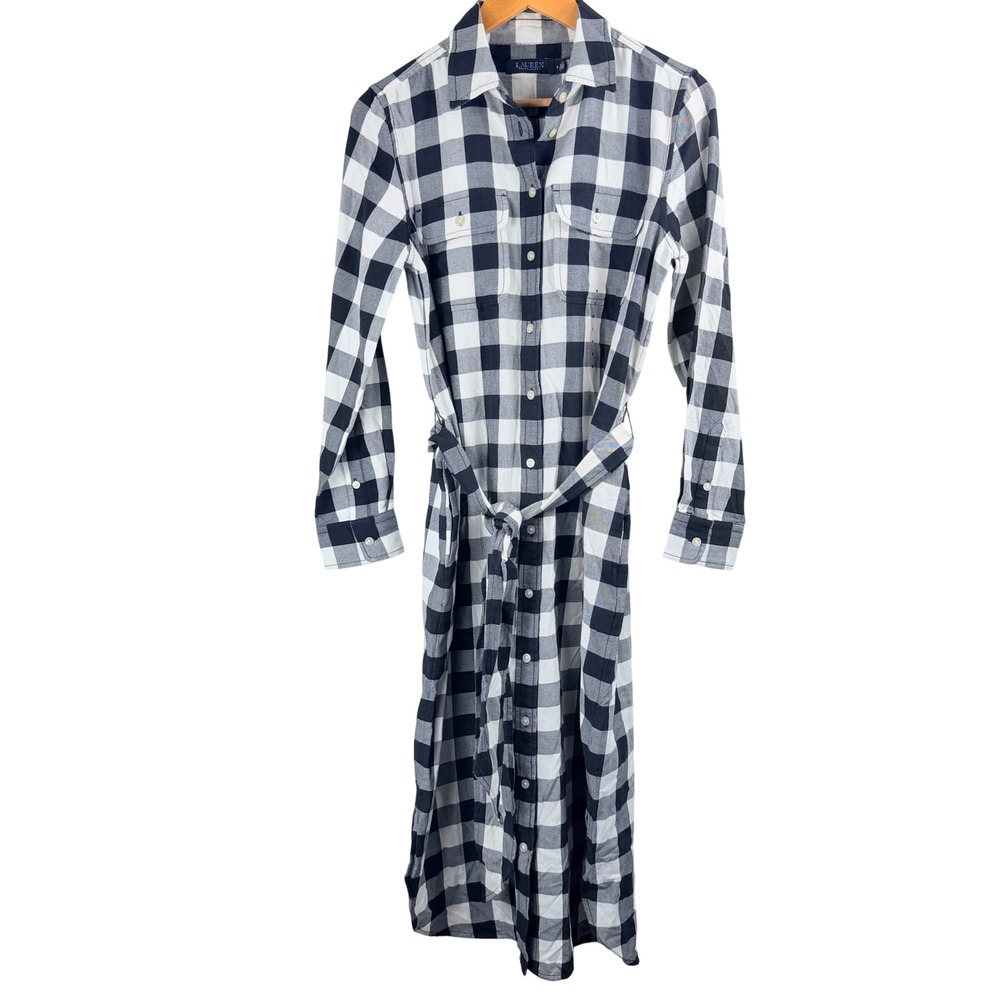 Lauren Ralph Lauren Buffalo Plaid Cotton Shirt Dress Black White 6 Preppy Midi - Picture 2 of 14